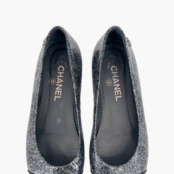 Chanel CC Cap Toe Ballet Flats Black Silver Leather Size 37.5 US 6.5–7 Women - Picture 5 of 15